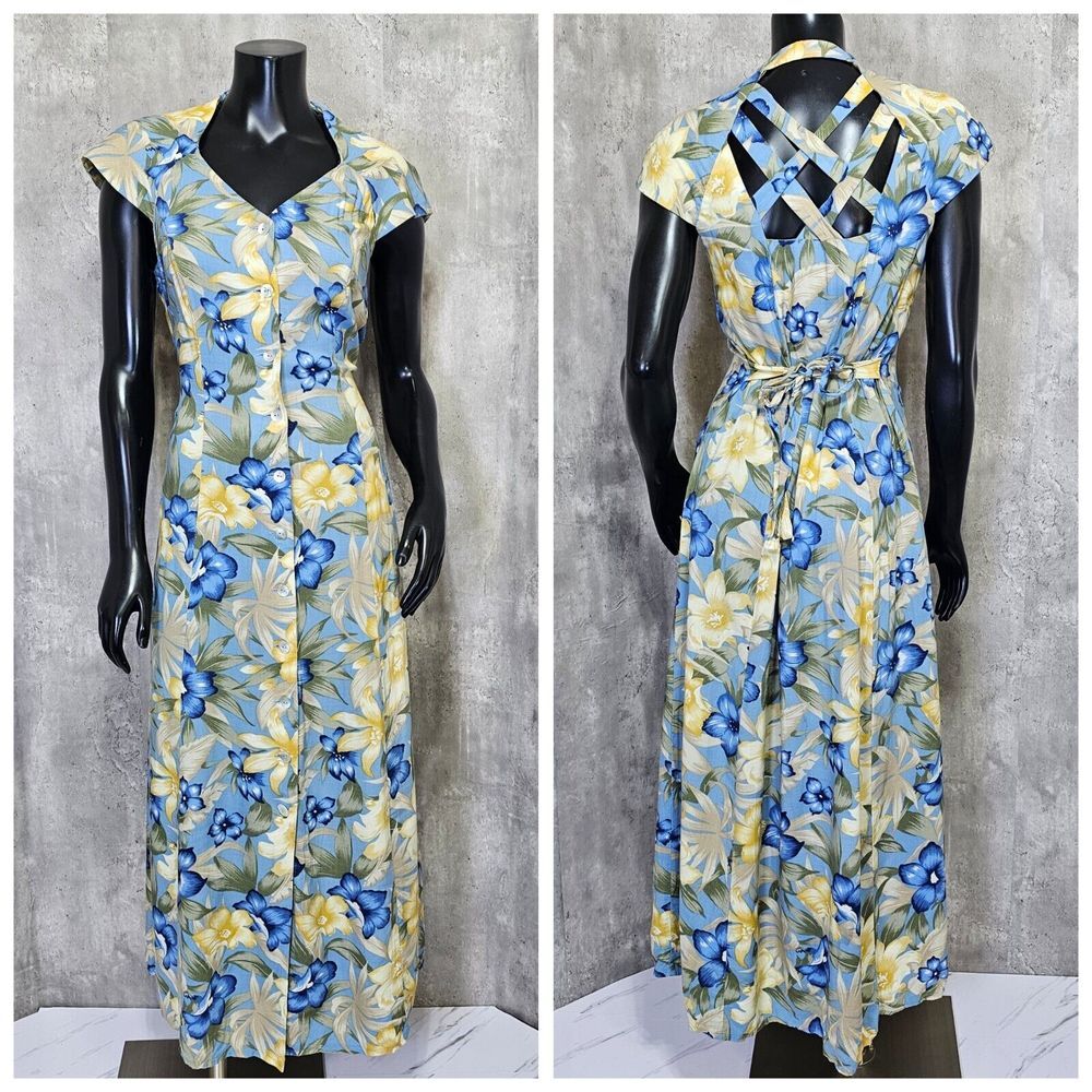 Vintage 90s Scarlett Womens 7/8 Tropical‎ Hawaiian Floral Criss Cross Back Maxi